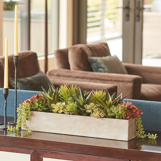 Oblong Faux Succulent Arrangement, 27" Premium Artificial Indoor Plant Enhances Interior Design, Display on any Surface in Your Home Adding an Inviting Touch of Nature, Natural Planter Pot Included