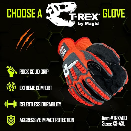 MAGID T-REX Flex Series Impact Gloves with Knuckle & Finger Protection, ANSI A1 Cut Resistant, Size 9/Large, NitriX Grip Work Gloves, 144 Pairs, TRX400