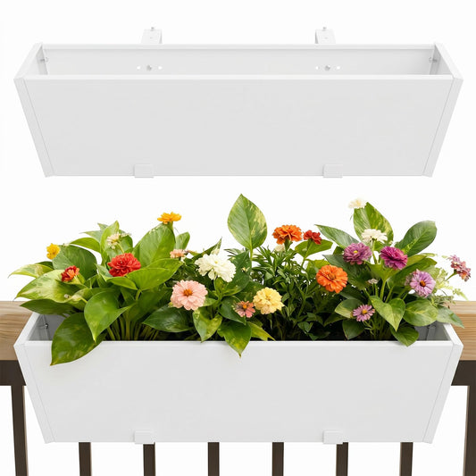 Dogetgd 2 Pack 36 Inch Railing Planter Boxes, Heavy Duty Metal Hanging Planters with Adjustable Brackets, Outdoor Balcony Flower Box for Deck, Fence, Porch Railings (White)
