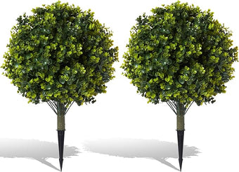 Pair(2) Artificial Boxwood Topiary Ball Bush for Outdoor with Ground Spike,30" UV Resistant Faux Boxwood Ball Tree, Fake Green Boxwood Plants for Garden, Yard, Porch, Patio Decor