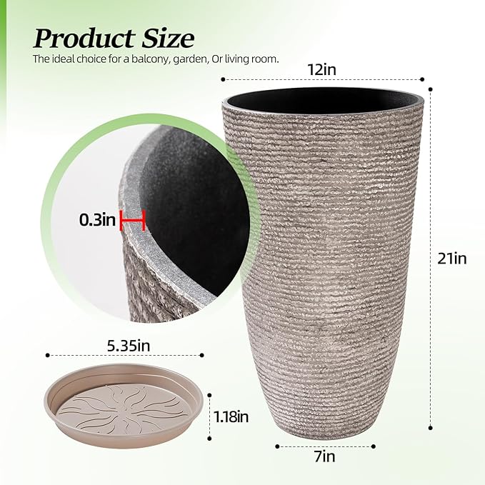 QCQHDU Set of 2 Oversized 9 Gallon Round Planters for Front Door & Patio - 12x21 Inch Tall Outdoor/Indoor Plant Pots with Drainage Tray, Gray Faux Stone Textured Tree Planters for Porch Decor