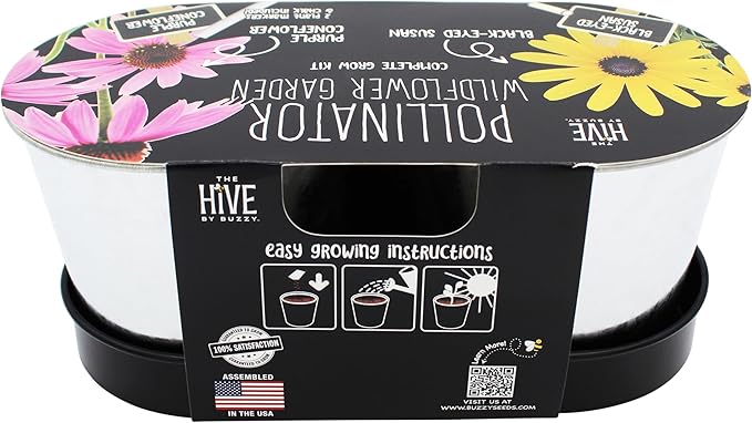 BUZZY Seeds Pollinator Garden Grow Kit with 2 Galvanized Metal Pots, Black-Eyed Susan and Coneflower Seeds, Growing Medium, Plant Markers, Chalk and Easy Instructions, Great Gift for Plant Lovers