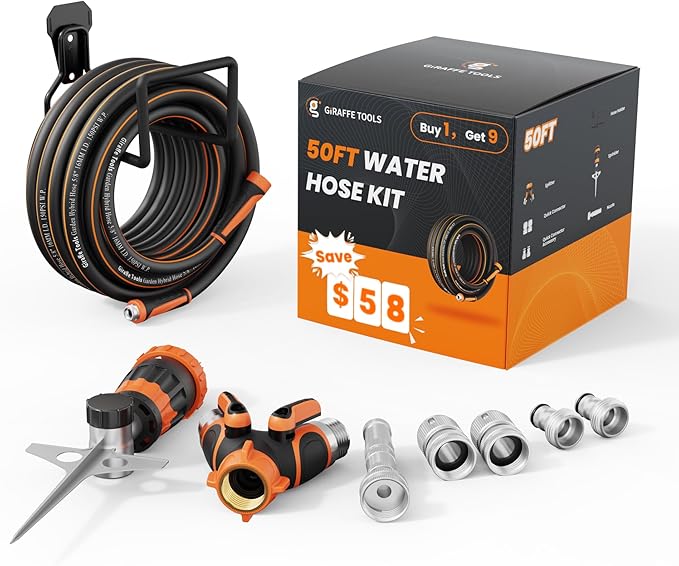 Giraffe Tools Garden Hose 50ft x 5/8", Water Hose Heavy Duty, Flexible with Hose Splitter, Nozzle and Yard Sprinkler, Lightweight Hybrid Hose with Swivel Handle, Male to Female Fittings, Burst 600 PSI