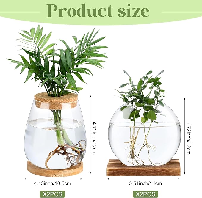 Layhit 4 Pcs Plants Propagation Stations vases Glass Planters with Wooden Lid and Bamboo Stand for Hydroponic Plants Gardening Gifts for Women Mom Home Office Tabletop Decoration(Cute Style)