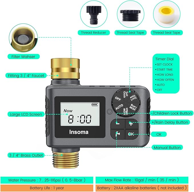 Insoma Water Timer for Garden Hose with Brass Inlet & Outlet, Hose Timer with AUTO/Manual/Rain Delay Mode, Outdoor Sprinkler Timers for Automatic Drip Irrigation System Yard Lawn Watering, 1 Outlet