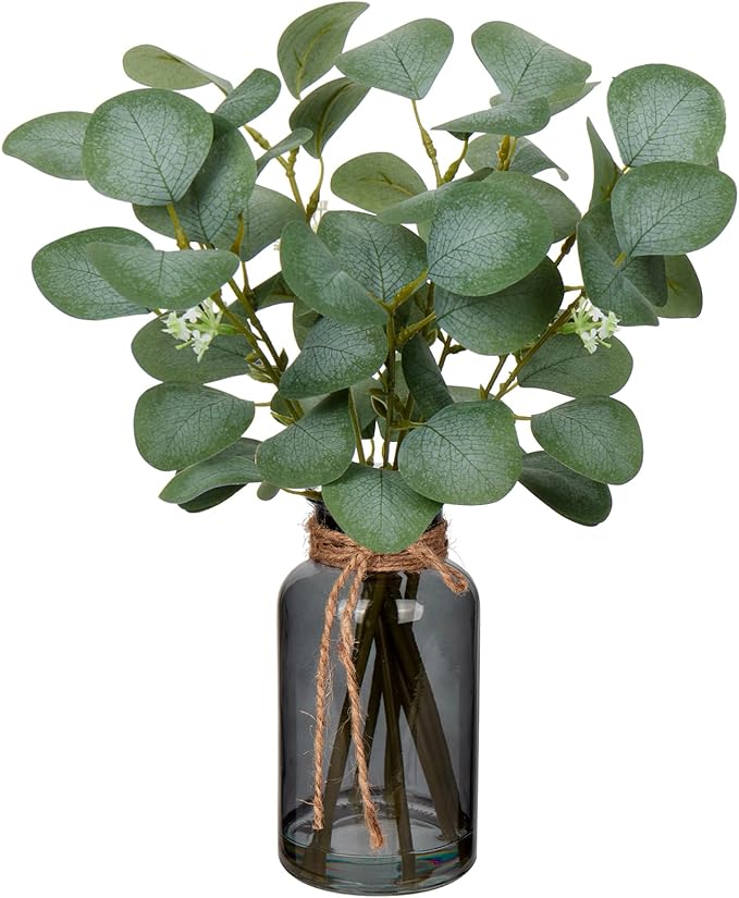 Briful Artificial Eucalyptus Stems in Black Glass Vase with Faux Water, 14" Fake Plant Eucalyptus Leaves for Home Office Farmhouse Wedding Centerpiece Décor