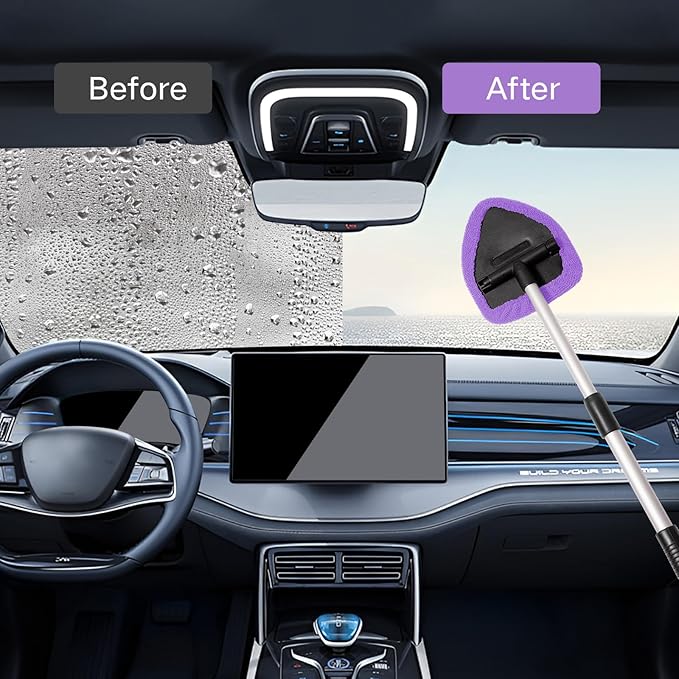11pcs Windshield Cleaner Tool, Car Window Cleaning Wash Kit with 6 Reusable Microfiber Pads 2 Spray Bottles and Extendable Handles Auto Glass Wiper Kit, Purple