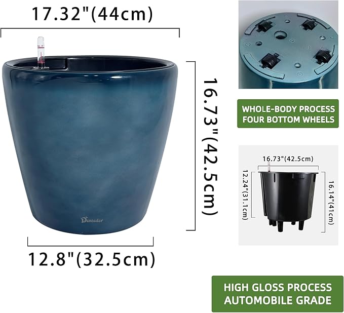 Dexceder 18x17 Self Watering Planter with Wheels Indoor Outdoor, Inner Pot Design, Thickened Large Floor Standing Flower Plant Pot with Water Level Indicator (Grayish Green Gradient)