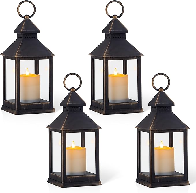 Vintage Golden Brushed Black Lantern Decorative LED Flickering Flameless Candle with Timer, Battery Powered LED Decorative Hanging Lanterns for Indoor Outdoor Garden Yard Home Decor(4 Pack)