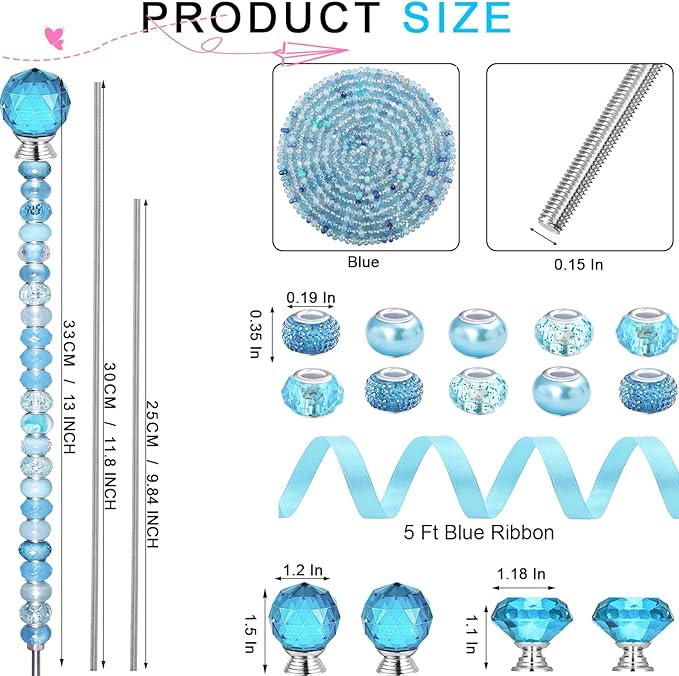 119 Pcs Garden Stake DIY Fairy Wand Plant Stake with Blue Large Hole Beads Crystal Diamond Stopper Top 4 Stainless Steel Threaded Rod Beaded Garden Stakes for Outdoor Indoor Yard Patio Decorations