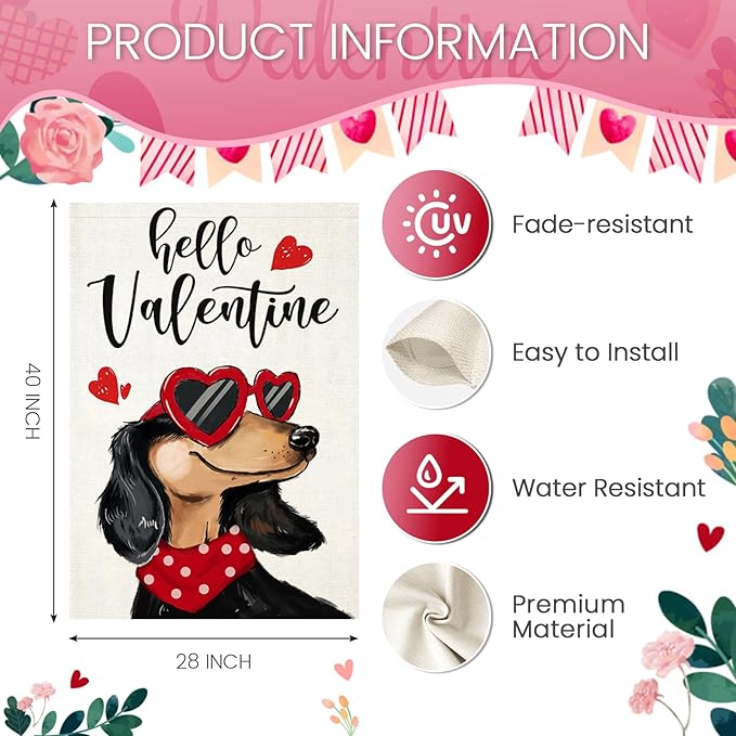 Hello Valentines House Flags for Outdoor Decoration, Dachshund Dog with Love Sunglass Heart Large Yard Flag,Seasonal Decorative Decor for Holiday Anniversary Wedding Outside 28x40 Inch Double Sided