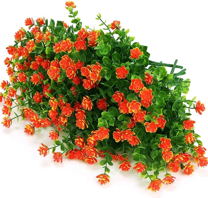 ArtBloom 12 Bundles Outdoor Artificial Flowers UV Resistant Fake Boxwood Plants, Faux Greenery for Indoor Outside Hanging Plants Garden Porch Window Box Home Wedding Farmhouse Décor (Orange Red)