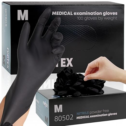 FINITEX - Black Nitrile Disposable Gloves, 5mil, Powder-free, Medical Exam Latex-Free 100 PCS For Examination Home Cleaning Food Glove (Medium)