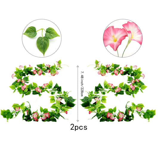 FERIAL Artificial Vines Rosered Morning Glory Vine Artificial Flowers Hanging Plants Garland Fake Green Plant for Wall Fence Indoor Wedding Banquet Decor