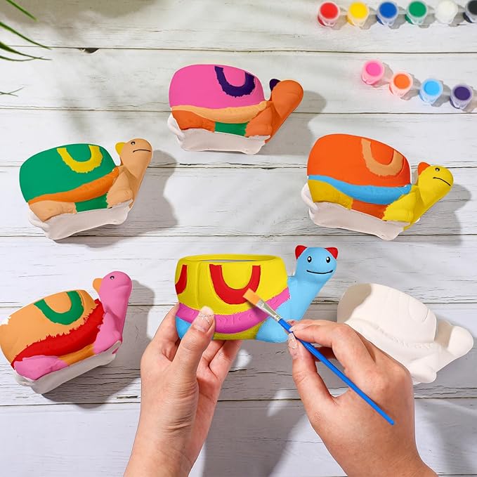 Pasimy 6 Set Ceramics to Paint DIY Ceramic Succulent Planter Pots Paint Your Own Flower Pots Craft Kit Unpainted Bisque Flowerpot with Brush Palette for Family Activity Holiday Gifts(Turtle)