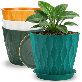 YNNICO 8 inch Plant Pots, 4 Pack Flower Pots Outdoor Indoor, Planters with Drainage Hole and Tray Saucer-Multicolor