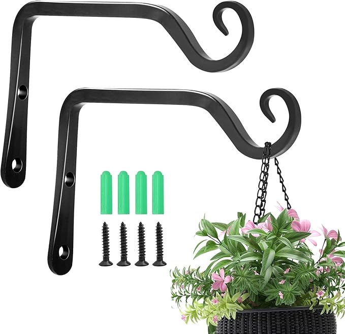 Jardim 2 Pack 6 Inch Premium Decorative Metal Iron Wall Hook, Indoor Outdoor Plant Hanger, Rustic Hanging Gardening Bracket Hook, for Planters, Bird Feeders, Lanterns, Wind Chimes (Black)
