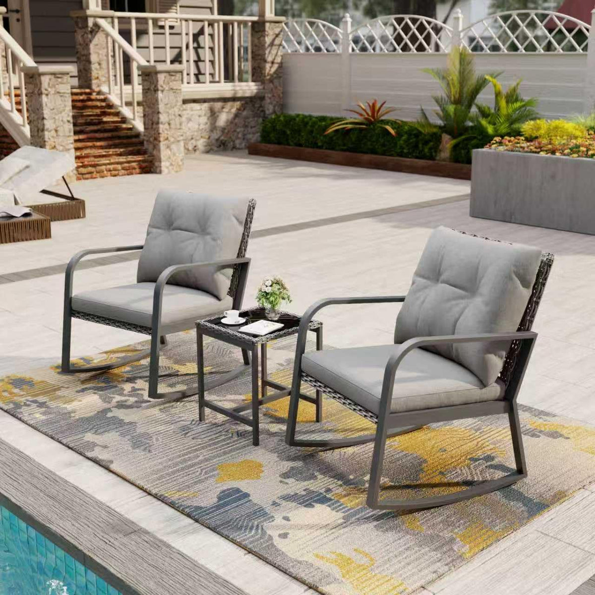 Temminkii Bistro 3 Piece Patio Furniture Set, Patio Table and Rattan Outdoor Rocking Chairs Set of 2, Outdoor Bistro Conversation Set for Garden, Balcony, Poolside, Backyard, Grey