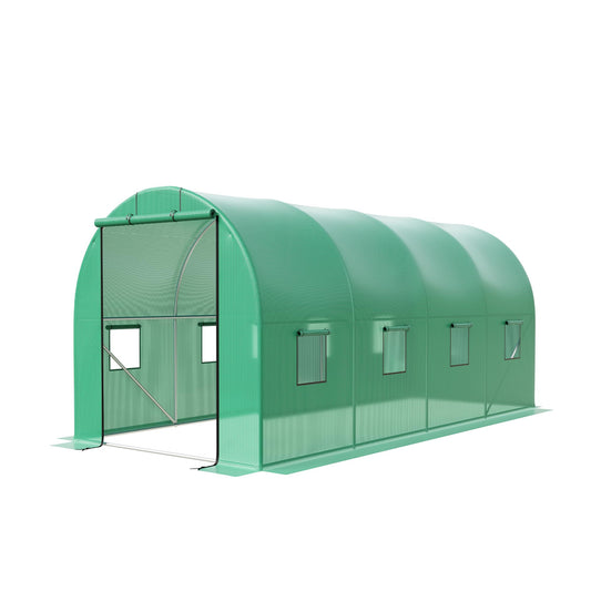 15x6.5x6.5 FT Heavy Duty Walk-in Tunnel Greenhouse Galvanized Steel Hoop House with Green PE Cover, Rolling Zipper Door & 8 Vent Windows for Outdoor Gardening, Plant Growth & Year-Round Use