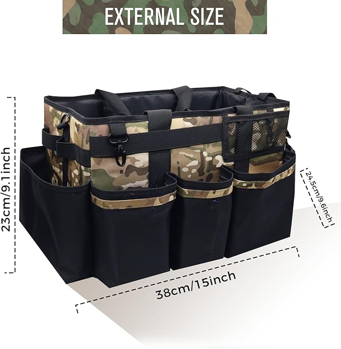 Wearable Cleaning Caddy Organizer with Handle & Shoulder Straps for Housekeepers, Under Sink & Car Cleaning Tool Organizer Bag with 4 Foldable Dividers (Camouflage)