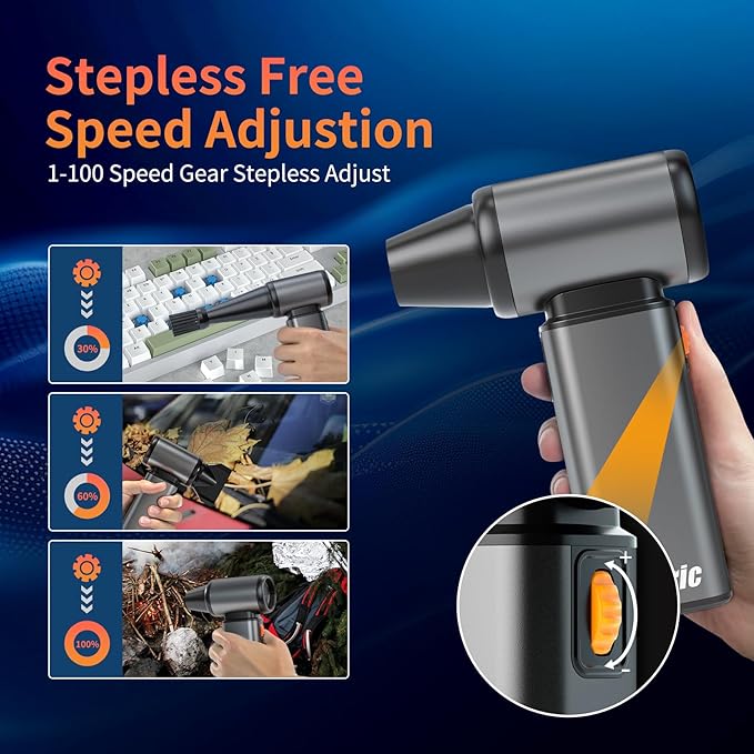 Compressed Air Duster, Stepless Speed Electric Air Duster, Metal Shell Air Blower with Brushless Motor, 120000 RPM Keyboard Cleaner Replaces Canned Air for Outdoors, Car, Home Cleaning