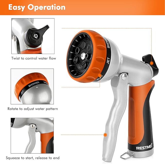 RESTMO Garden Hose Nozzle, Heavy Duty Metal Water Hose Nozzle with 7 Adjustable Spray Patterns, High Pressure Hand Sprayer with Flow Control, Best for Watering Plant & Lawn, Washing Car & Pet, Orange