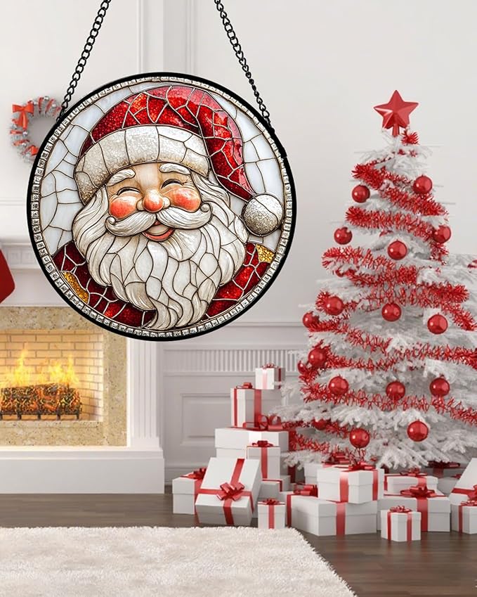HWRHTR Stained Glass Window Hanging - Red White Santa Claus Suncatcher for Doors Home Christmas Decoration Winter Sun Catcher Thanksgiving New Year Birthday Gifts for Women Men Mom Nana Girl 6.3 in