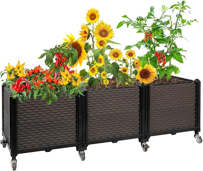 Raised Plant Box with Wheels 47.2"x15.7"x16.1", Raised Beds for Gardening Self Watering, Durable Metal Lockable Casters, Rectangular Garden Planter Perfect for Garden Patio Balcony Deck