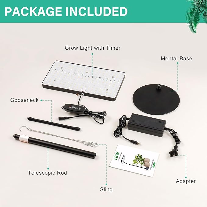 LBW Desk Grow Light, Full Spectrum Plant Light for Indoor Plants, Grow Lamps with 4/8/12H Timer, 10"-26" Height Adjustable, 6 Brightness Levels