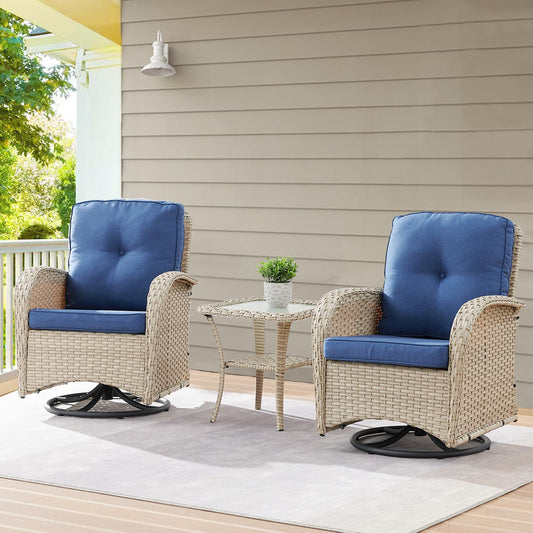 Belord Patio Wicker Chairs Swivel Rocker - Outdoor Swivel Rocking Chairs Set of 2 with Rattan Side Table,3 Piece Patio Swivel Glider Chair Furniture Sets for Patio Porch Pool Light Beige/Blue