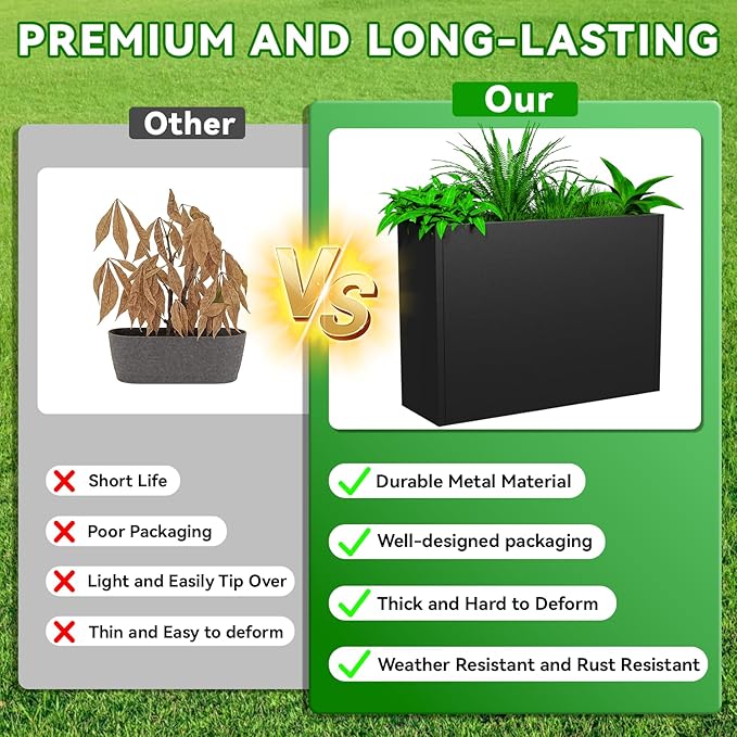 POOAMY Metal Planter, 30L x 10W x 24H, Heavy Duty Tall Planters for Outdoor Plants, Black Planters with Removable Insert Shelf, Large Planters with Drainage Holes for Porch, Patio and Yard, Black