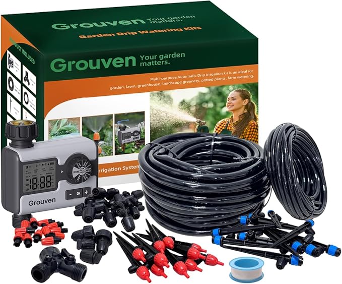 Drip Irrigation System with Water Timer Quick-Connect Automatic Irrigation Kit with 1/2 inch Hose 1/4 inch Distribution Tubing and Accessories DIY Garden Misting System for Yard, Lawn, Patio
