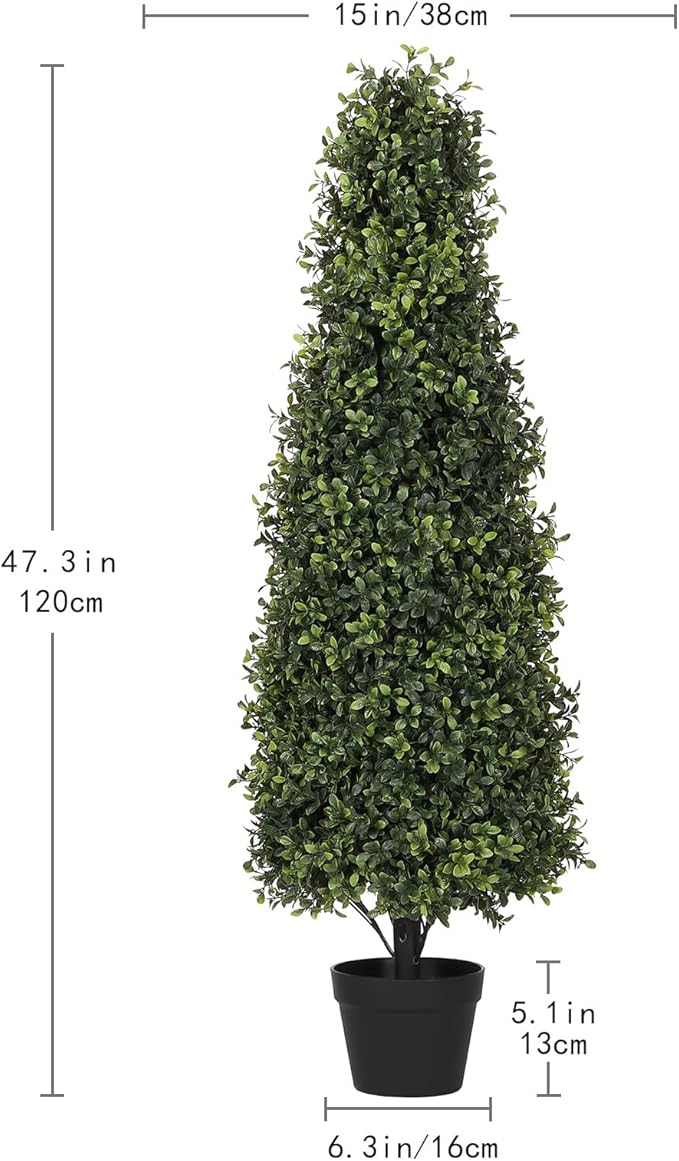 Azoco 4ft Artificial Boxwood Topiary Trees (Set of 2) - UV Resistant Faux Plants Outdoor, Realistic 48in Fake Potted Bushes and Shrubs for Front Porch, Planter, Patio - Low Maintenance & Evergreen