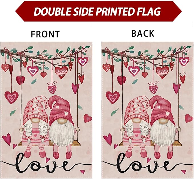 Valentine’s Day Romantic Swing Gnome Love Hearts House Flag Big Large Burlap 28X40 Inch Vertical Double Sided Outside Yard Holiday Outdoor Farmhouse Decoration