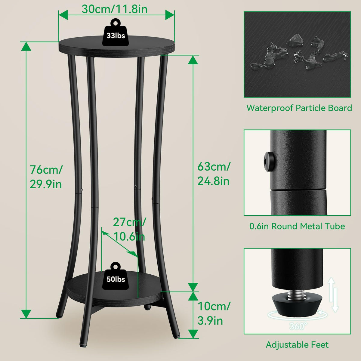 IBUYKE 30 Inch Tall Plant Stand Indoor, 2 Tier Flower Stand, Black TMJ074B