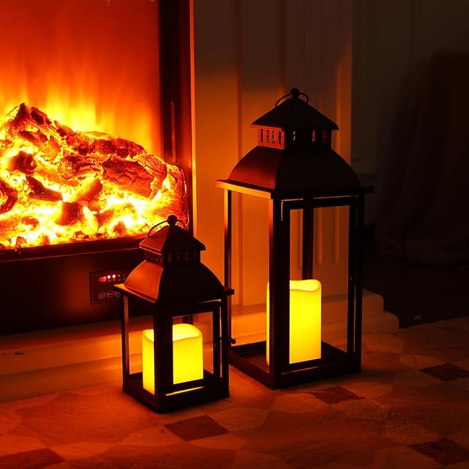NEEDOMO LED Lanterns Decorative Outdoor&Indoor, Set of 2 Large Bronze Metal Lantern Decor with LED Candle, Lantern Decor for Porch, Patio, Garden, Balcony, Wedding, Spring Decorations (NO Glass)