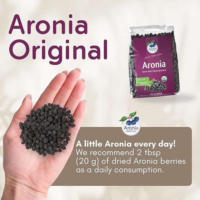 Aronia Original Organic Dried Aronia Berries 17.6 oz (500 g) - Unsweetened Black Chokeberries, Gently Dried After Harvest - Vegan, Non-GMO, No Sulfites or Additives