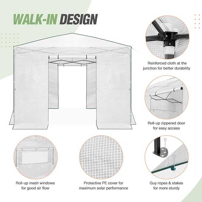 EAGLE PEAK Instant Pop-up Greenhouse, Indoor Outdoor Plant Gardening Green House, Roll-Up Zipper Doors and Side Windows, Walk in 10x10 ft, White/Clear