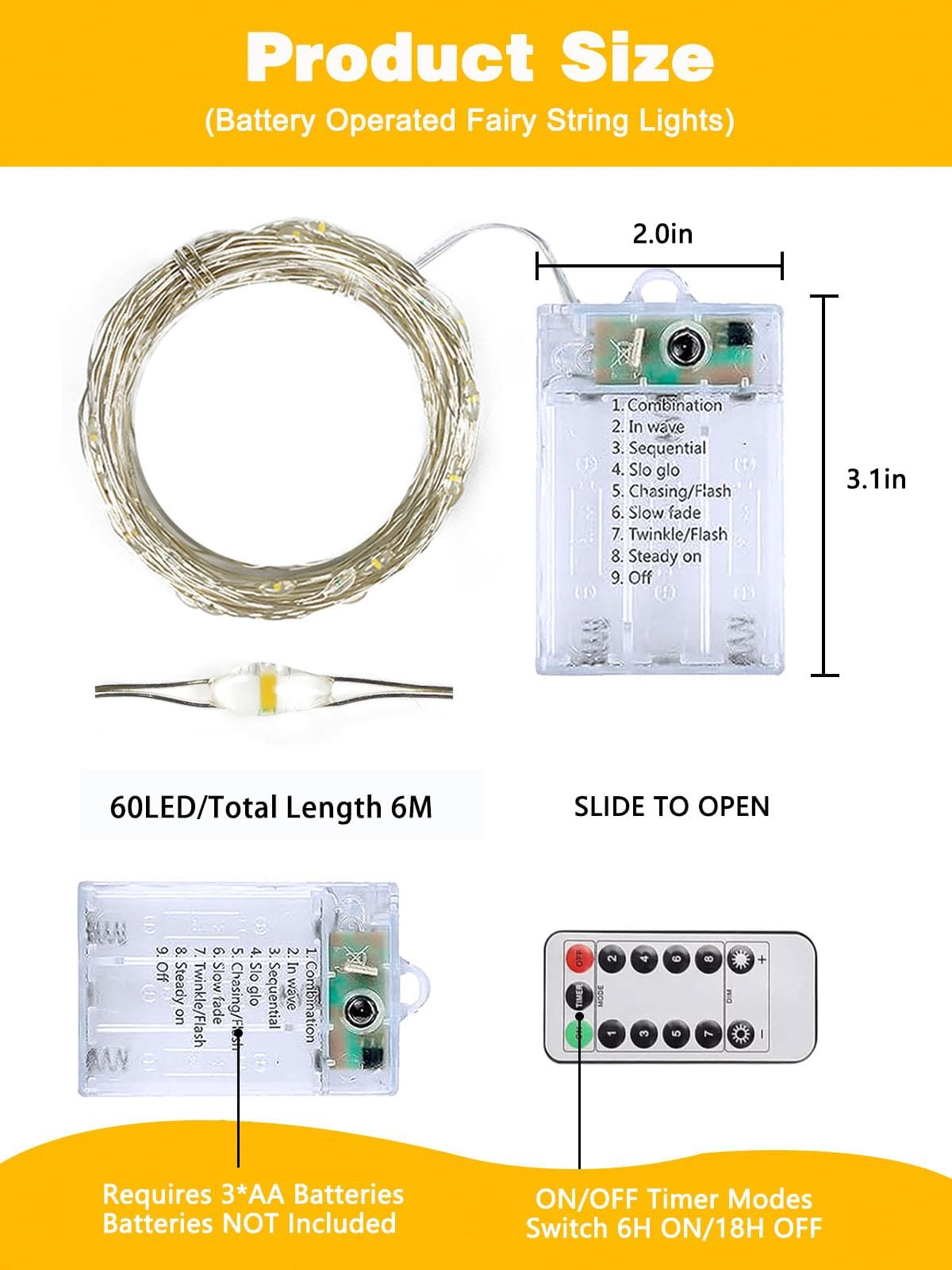 8 Pack 60 LED Fairy Lights Battery Operated with Remote, 20 FT Warm White
