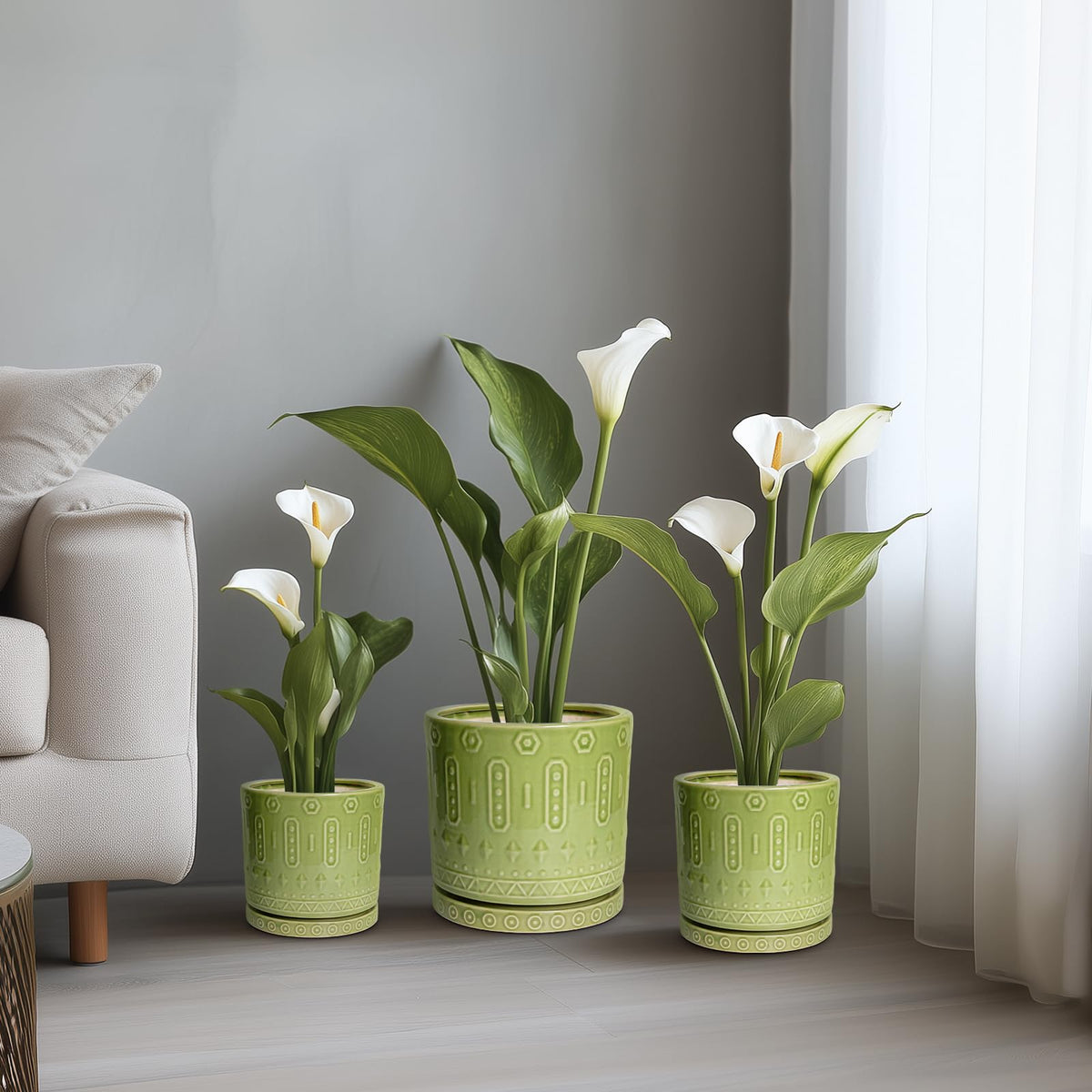 Eightpot Ceramic Pots for Plants, 8 Inch Plant Pot with Drainage Hole and Tray, Round Planters for Indoor Plants, Modern Flower Pot, Decorative Planter, Living Room Decor, Gardening Gifts, Green