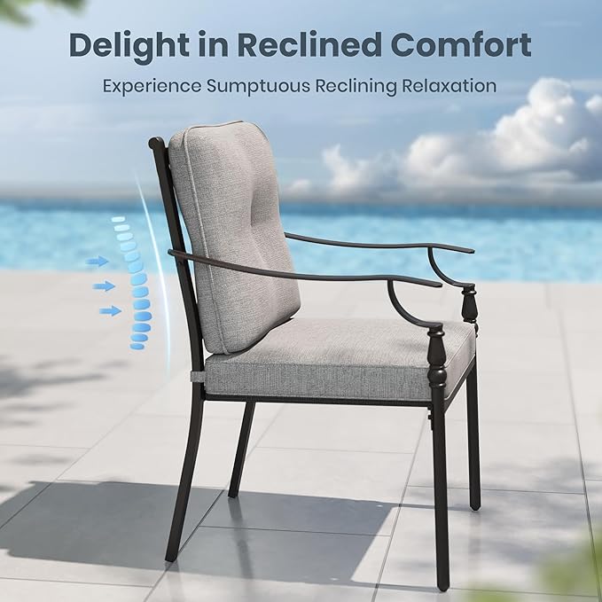 PHI VILLA Outdoor Steel Dining Chairs Set of 2, Heavy-Duty Rustproof Black Wrought Iron Armchairs with Cushions, Large Seating Furniture for Patio, Deck, Backyard, Porch