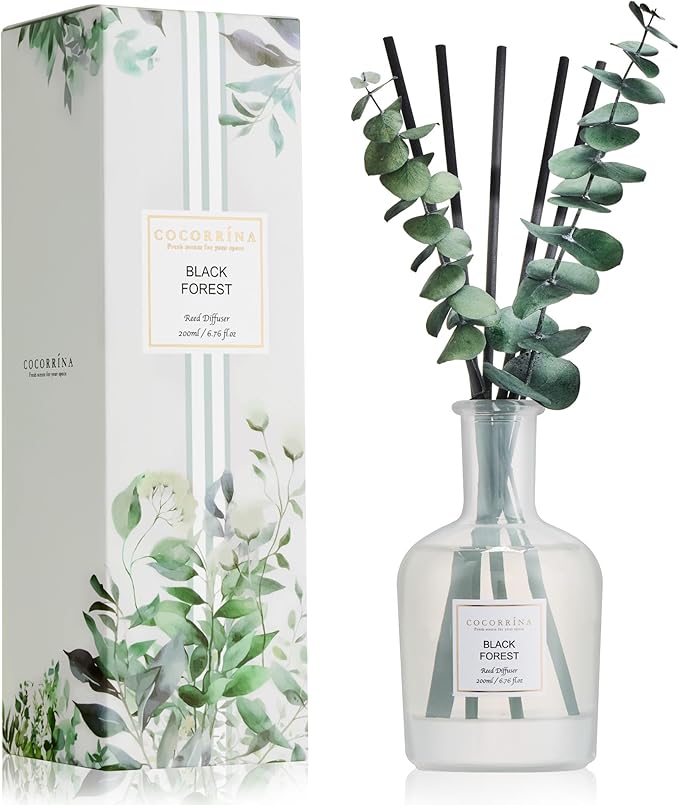 COCORRÍNA Black Forest Reed Diffuser – 6.76 oz Essential Oil with Sticks & Dried Eucalyptus Branches, Home Fragrance for Bedroom or Bathroom Décor