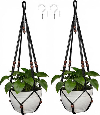 HOREAKHJ 35 Inch Macrame Plant Hanger, Large for up to 15 Inch Pot Extra Long Hanging Planter Holder Basket with Wood Beads for Indoor Outdoor Home Decor (Black, 2-Pack)