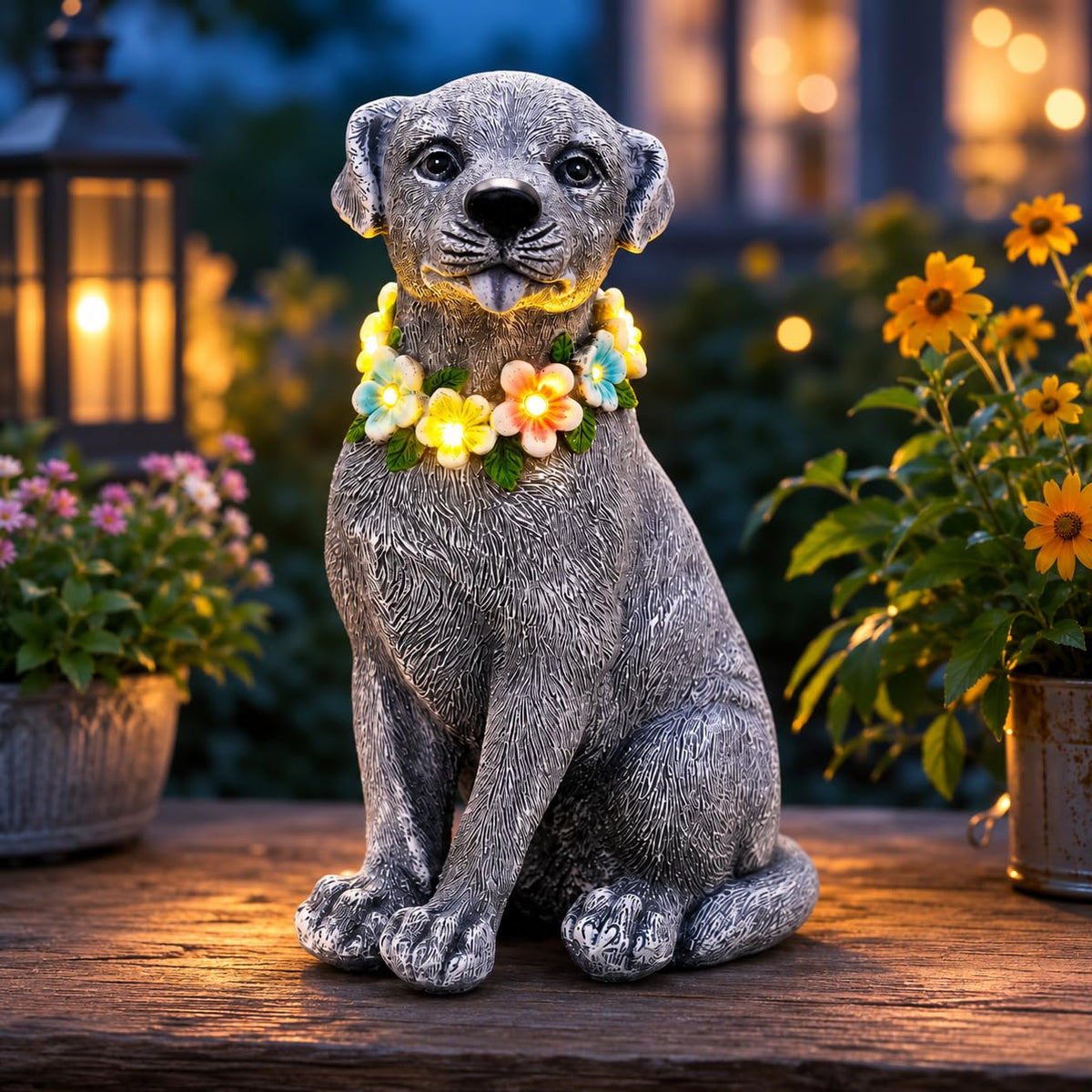 Nacome Dog Statue with Solar Flower Warm Lights Garden Decor