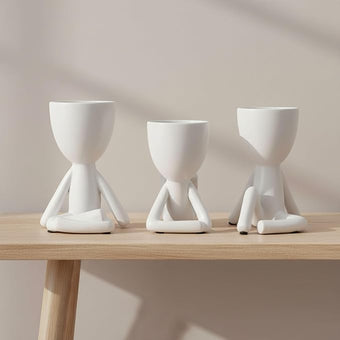 Ceramic Figurine Planter Set – Room Decor and Small Planter Use, Shelf, Desk, or Tabletop Placement – Modern Art-Inspired Sculptures for Garden & Home Decor – 6" & 5" & 6", White