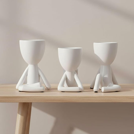 Ceramic Figurine Planter Set – Room Decor and Small Planter Use, Shelf, Desk, or Tabletop Placement – Modern Art-Inspired Sculptures for Garden & Home Decor – 6" & 5" & 6", White
