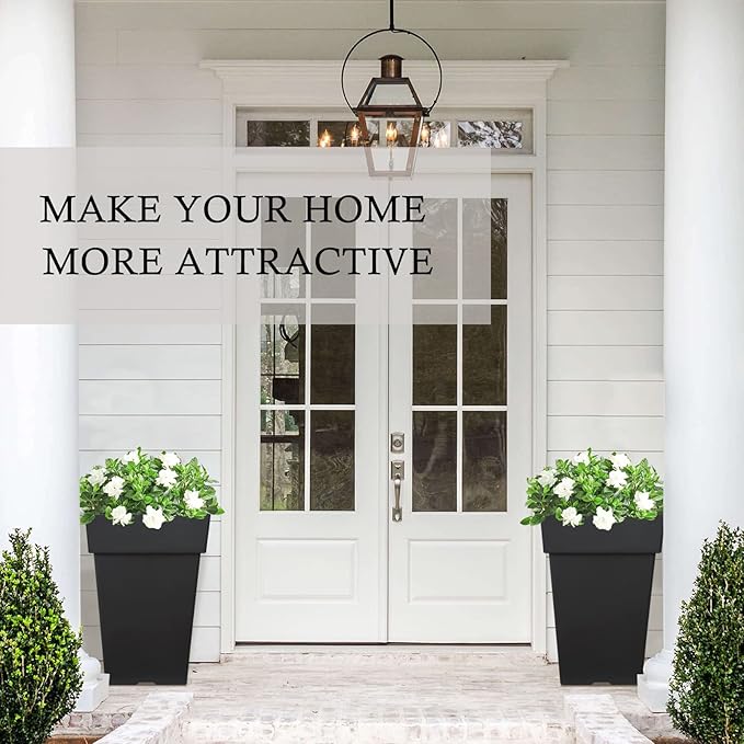 kubvici 20 Inch Tall Planters for Outdoor Indoor Plants, Set of 2 Large Plastic Plant Pots Flower Pot Outdoor Planter for Front Porch Door Balcony Deck with Drainage, with Removable Wheel, Black 20"