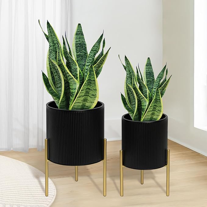 ARNIS Modern Planter Pots, Set of 2 Round Large Planters with Stand, Decorative Planters, Metal Pots with Drainage Holes for Living Room, Office, Garden or Balcony, 8.25 &10.5 Inch, Black & Gold