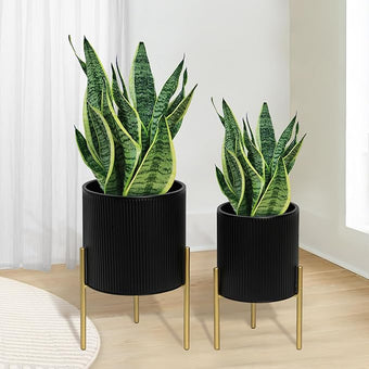 ARNIS Modern Planter Pots, Set of 2 Round Large Planters with Stand, Decorative Planters, Metal Pots with Drainage Holes for Living Room, Office, Garden or Balcony, 8.25 &10.5 Inch, Black & Gold