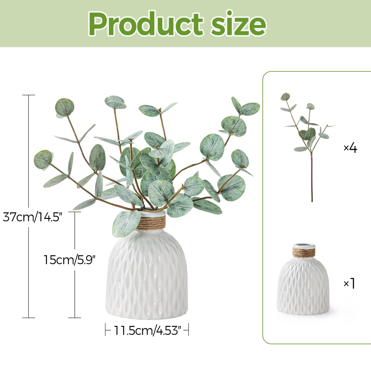 Fake Eucalyptus Plants 4 Stems in Ceramic Vase for Indoor Home Decor